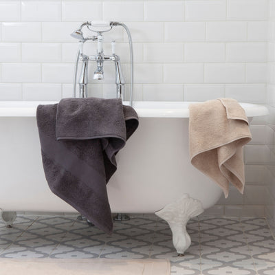 Fairtrade & 100% Organic Cotton Towels In Dark Slate Grey & Flax Beige | Dip & Doze
