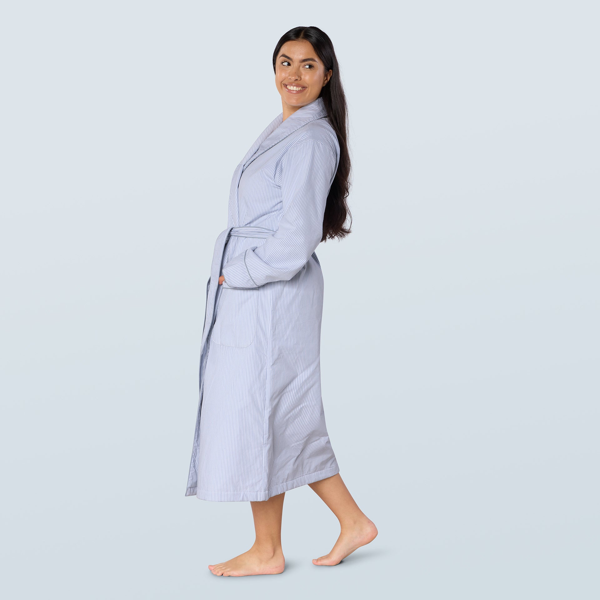 Sky Blue Striped Lightweight Long Towelling Robe