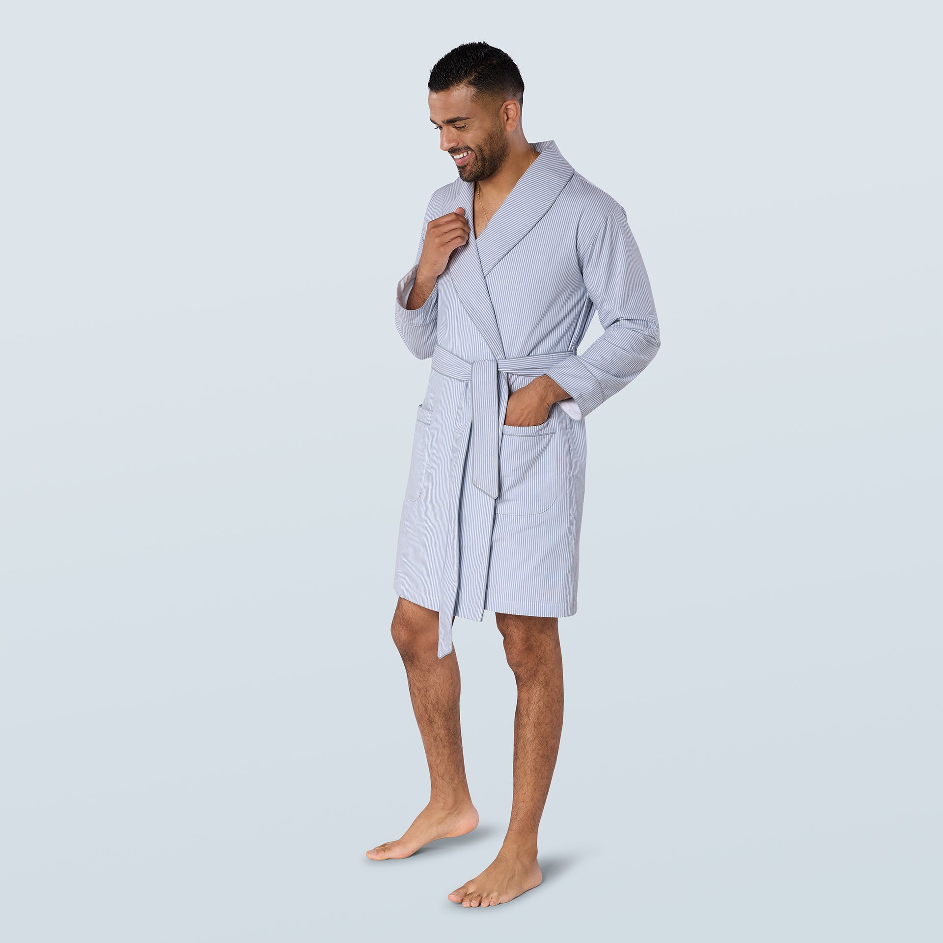 Sky Blue Striped Lightweight Short Towelling Robe