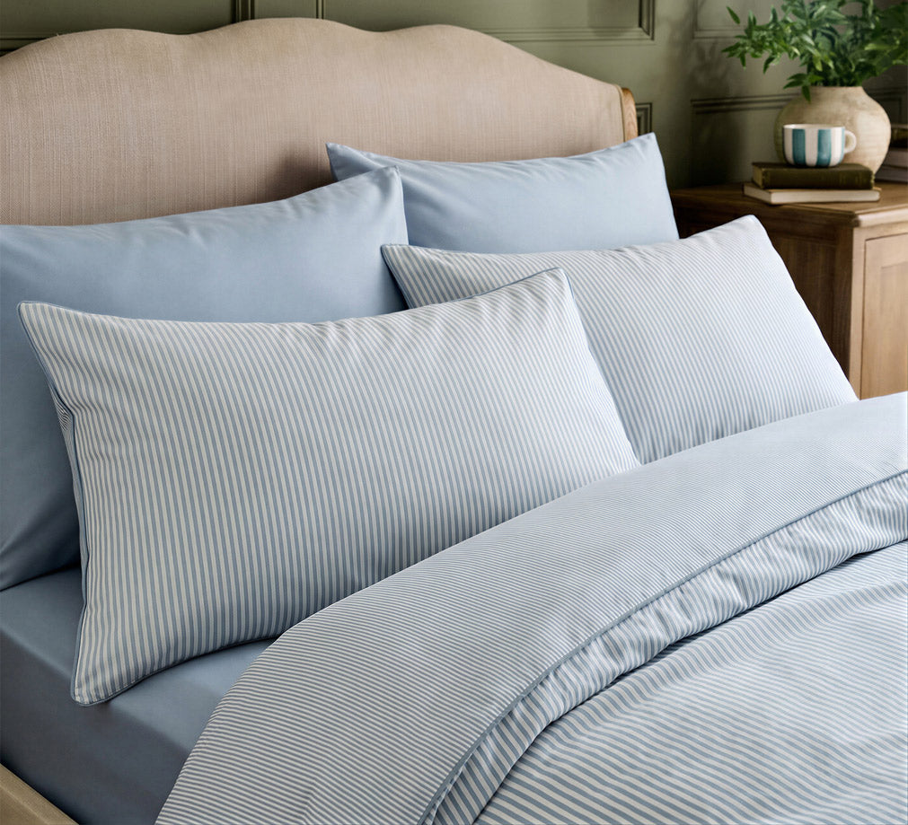 Close Up Of Sky Blue Organic Cotton Striped Bedding | Fairtrade &amp; GOTS Certified | Dip &amp; Doze