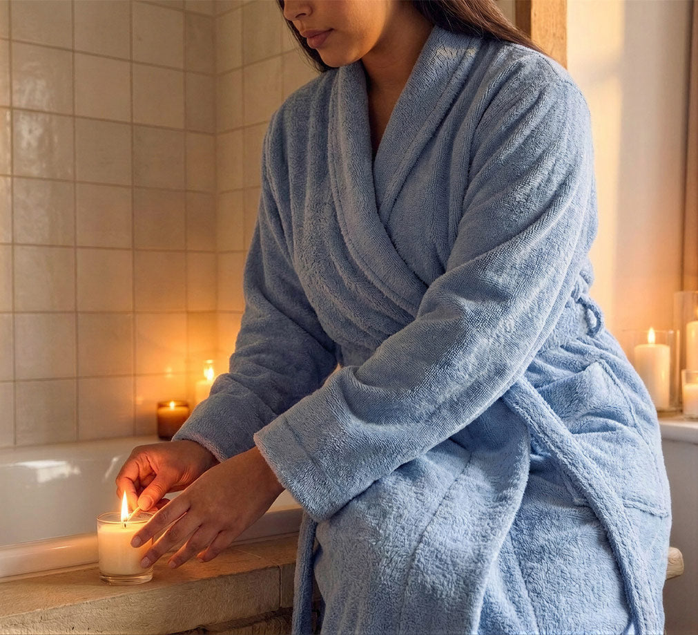 Lady In A Blue Fairtrade &amp; 100% Organic Cotton Unisex Dressing Gown Lighting A Candle On The Edge Of A Bath | Dip &amp; Doze