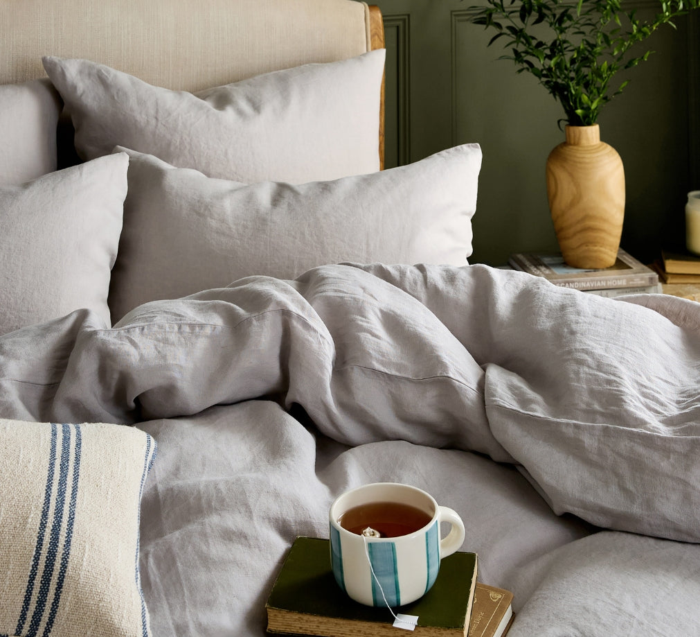 Close Up Of Natural Linen Bedding In Dove Grey | Dip &amp; Doze